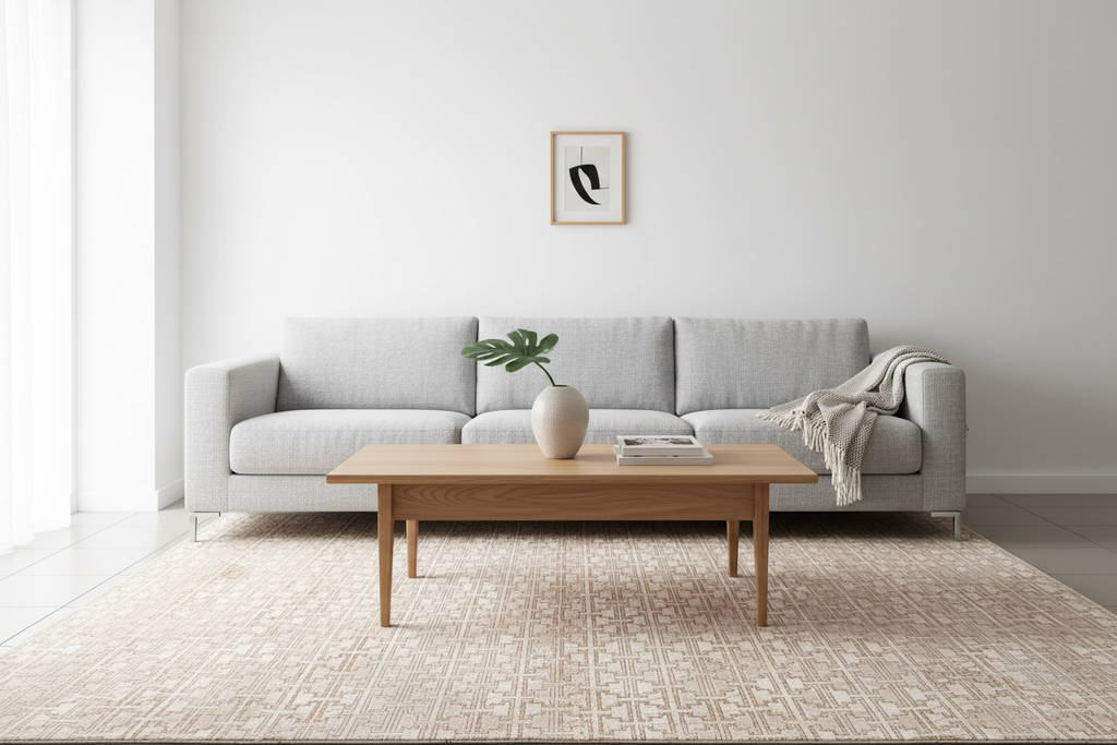 Alfombra geométrica beige en ambiente living escandinavo