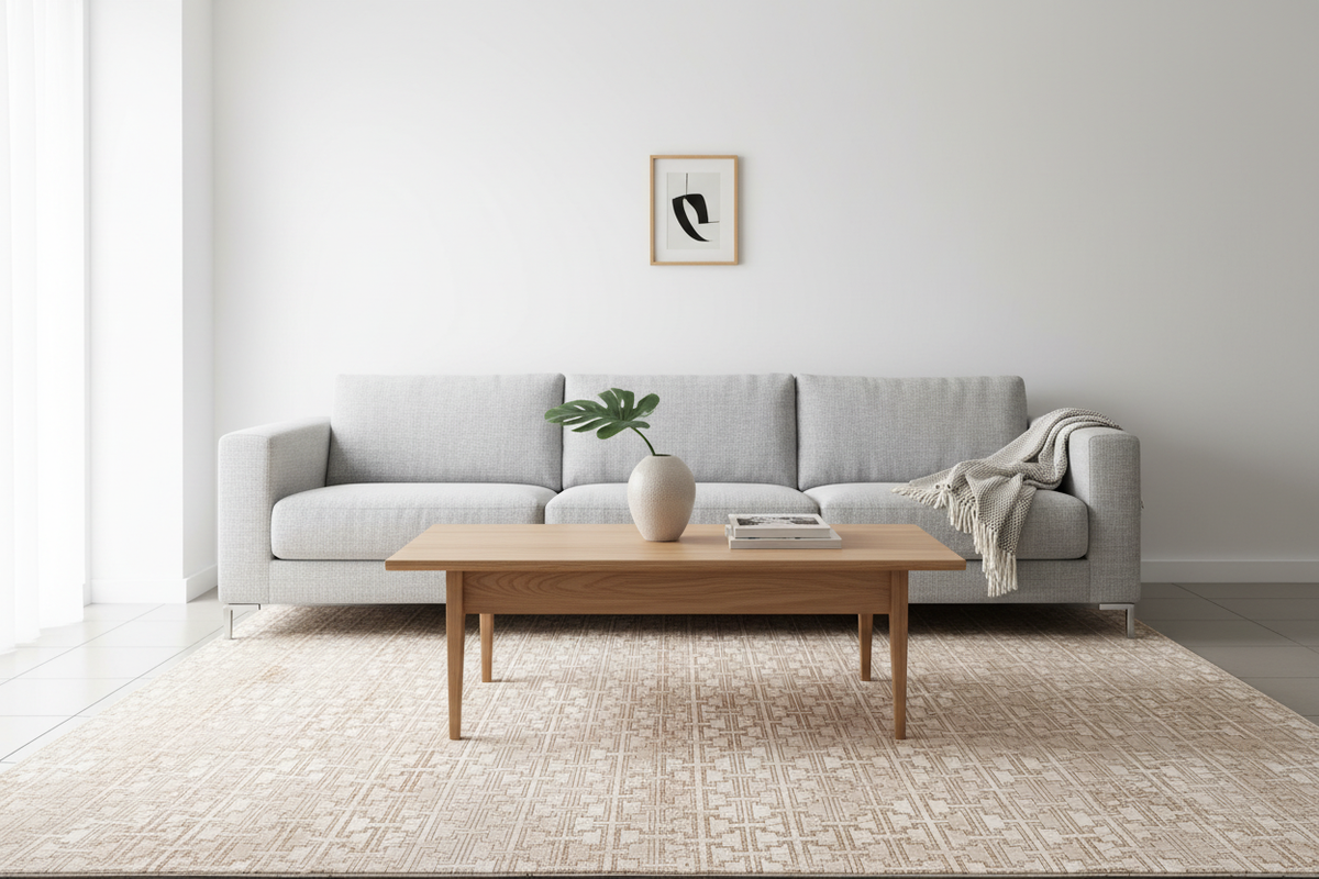 Alfombra geométrica beige en ambiente living escandinavo