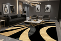 Alfombra negro y dorado en sala glam con sofá negro y accesorios dorados