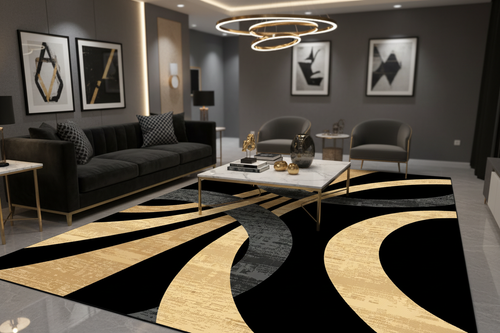 Alfombra negro y dorado en sala glam con sofá negro y accesorios dorados
