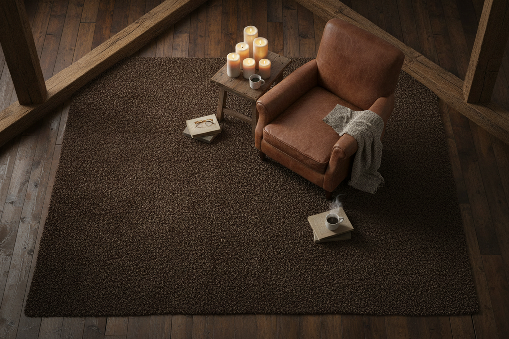 Alfombra chocolate oscuro en salón rústico