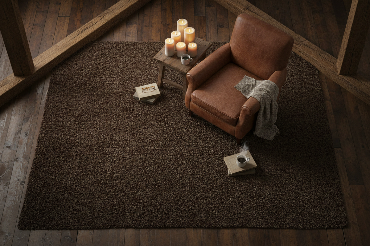Alfombra chocolate oscuro en salón rústico