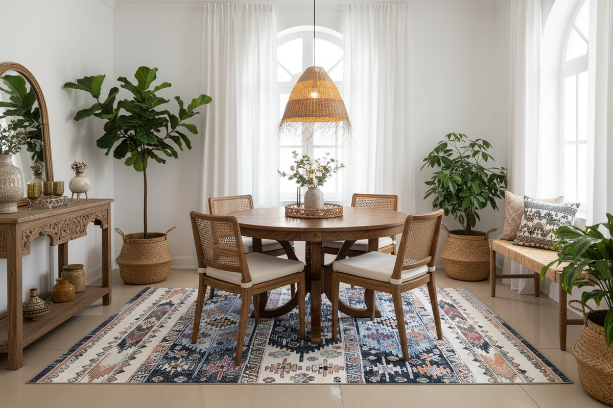 Alfombra kilim turca en ambiente comedor étnico