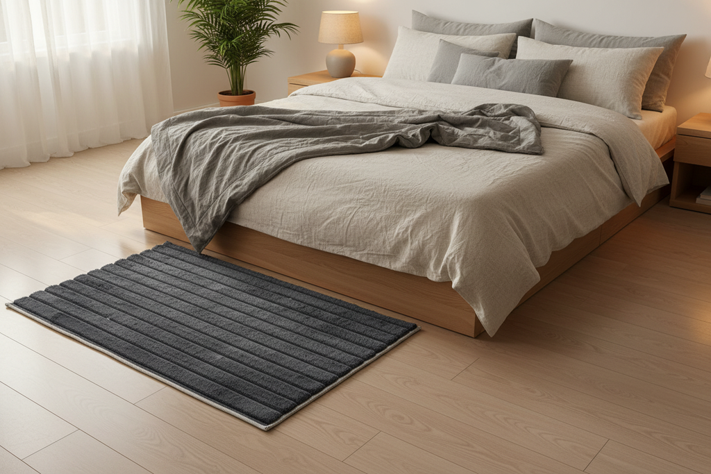 Bajada de cama gris marengo en dormitorio ambiente 1