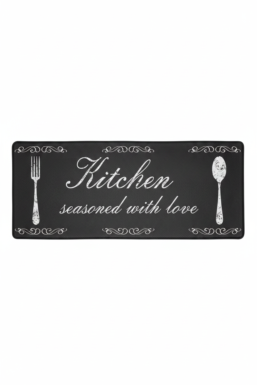 Mat chalkboard Kitchen seasoned with love fondo blanco