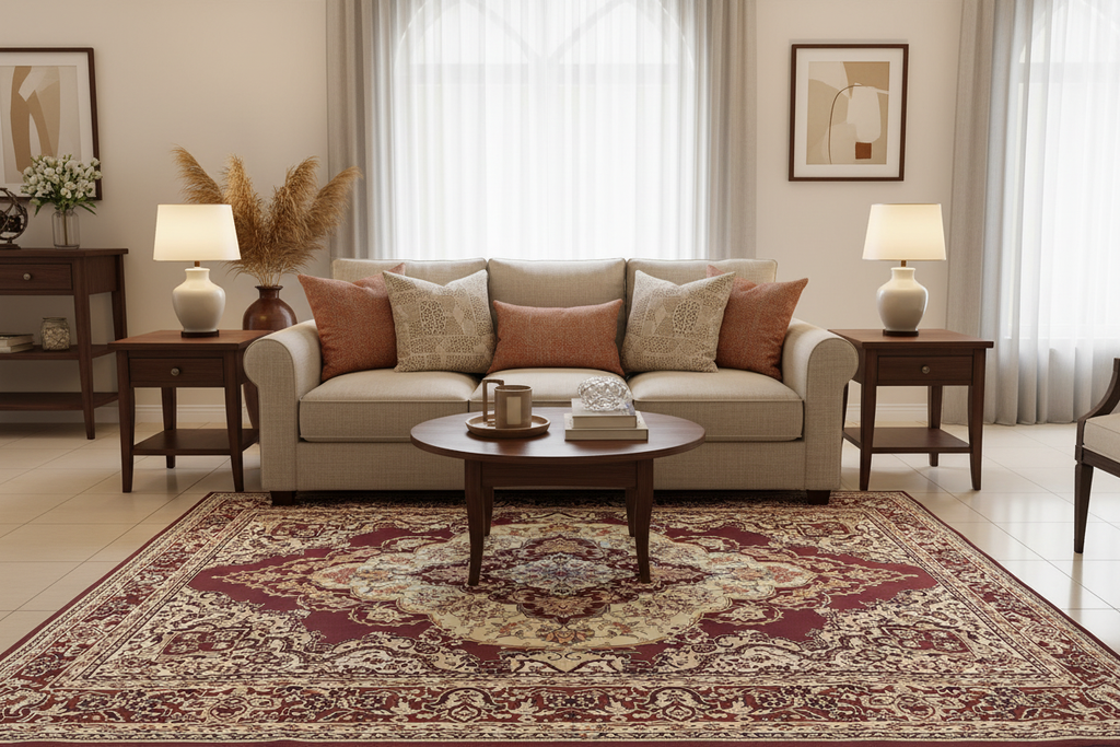 Alfombra persa burdeos en ambiente living elegante