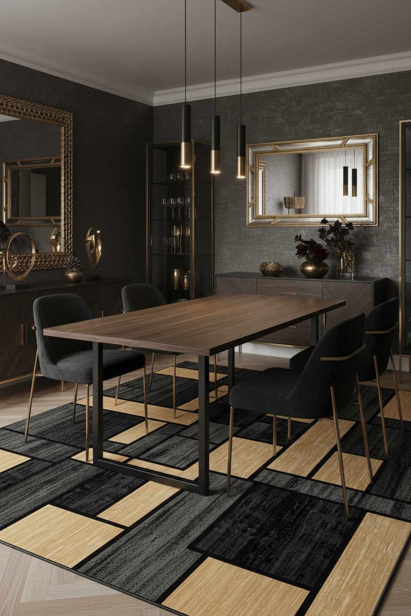 Alfombra negro y dorado en comedor elegante