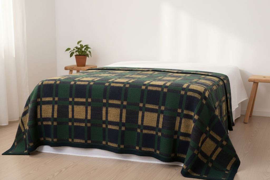 Frazada tartán verde en dormitorio escandinavo
