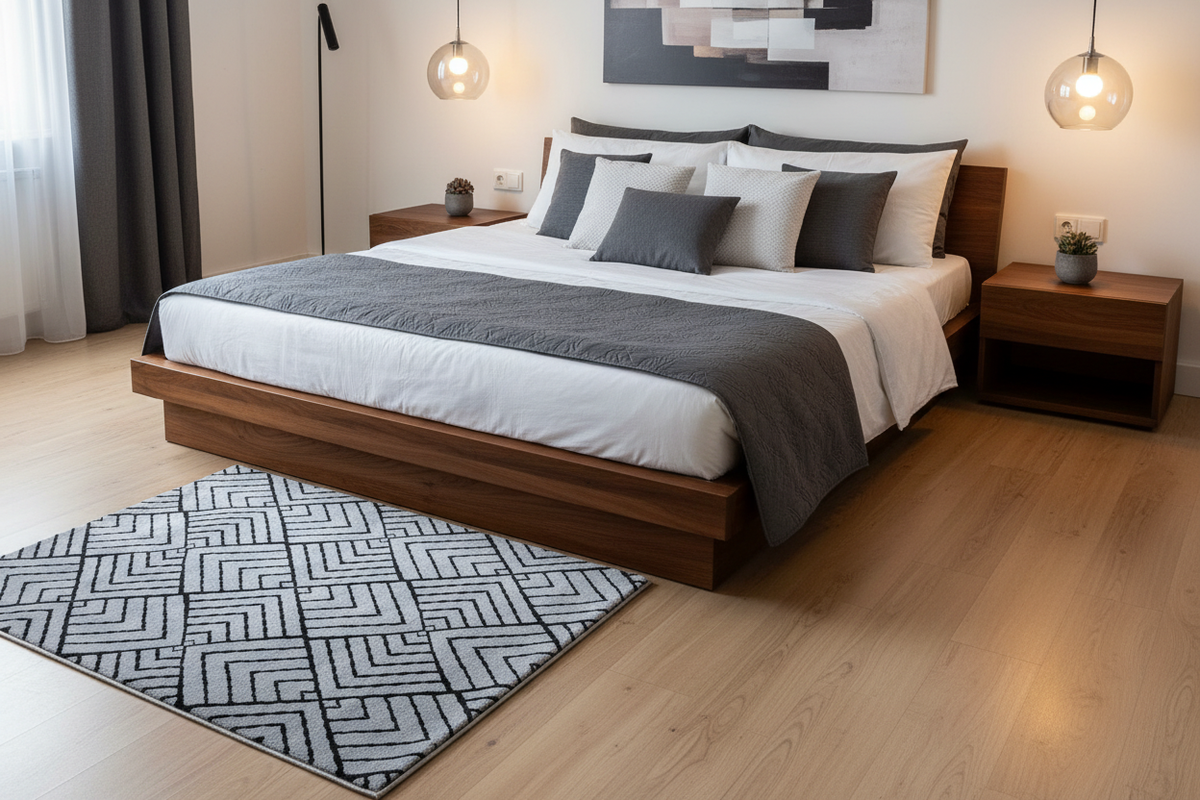 Alfombra geométrica en dormitorio contemporáneo