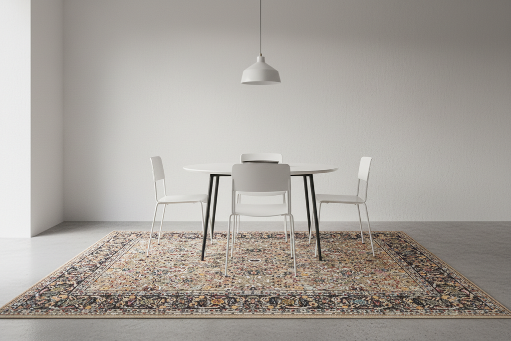 Alfombra persa floral all-over – ambiente comedor minimalista