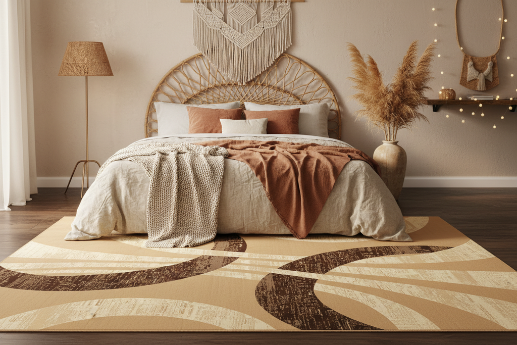 Alfombra beige y café en dormitorio boho chic con cabecera de ratán y pampas