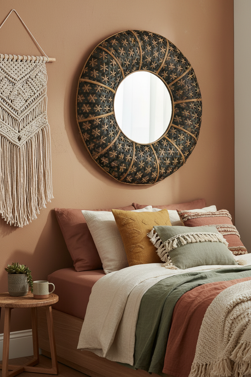Espejo bambú tejido en dormitorio boho