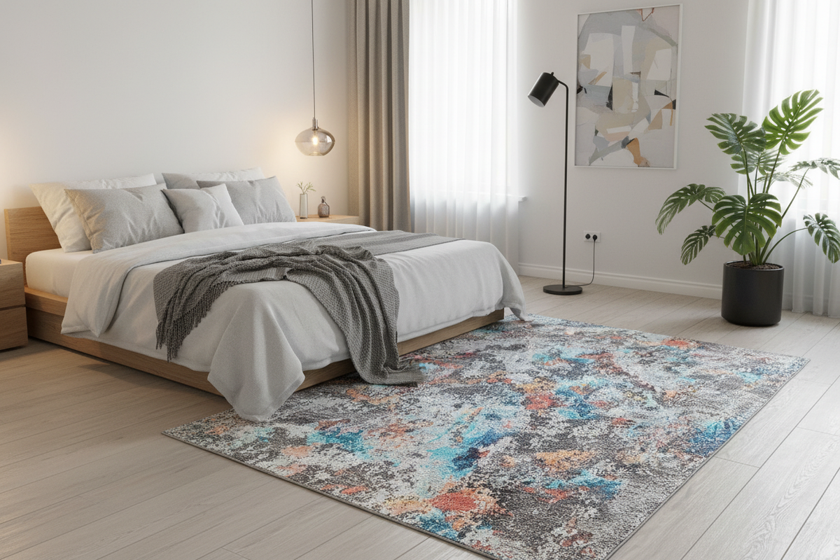 Alfombra abstracta multicolor en ambiente dormitorio contemporáneo