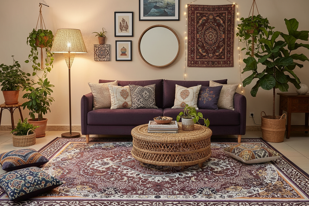Alfombra persa mauve en ambiente living bohemio