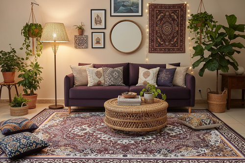 Alfombra persa mauve en ambiente living bohemio