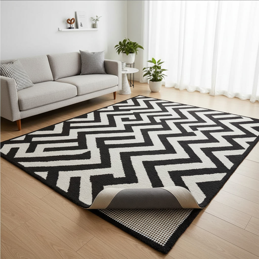 Base antideslizante bajo alfombra geométrica en living moderno