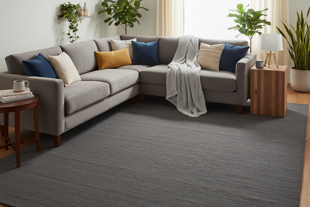 Alfombra gris antracita en sala de estar acogedora
