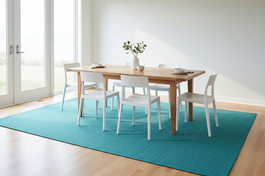 Alfombra turquesa en comedor moderno