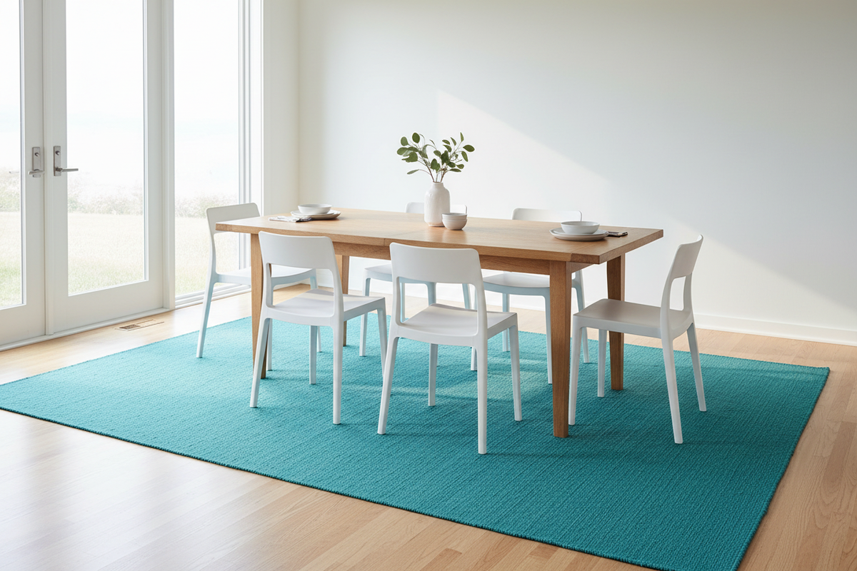 Alfombra turquesa en comedor moderno
