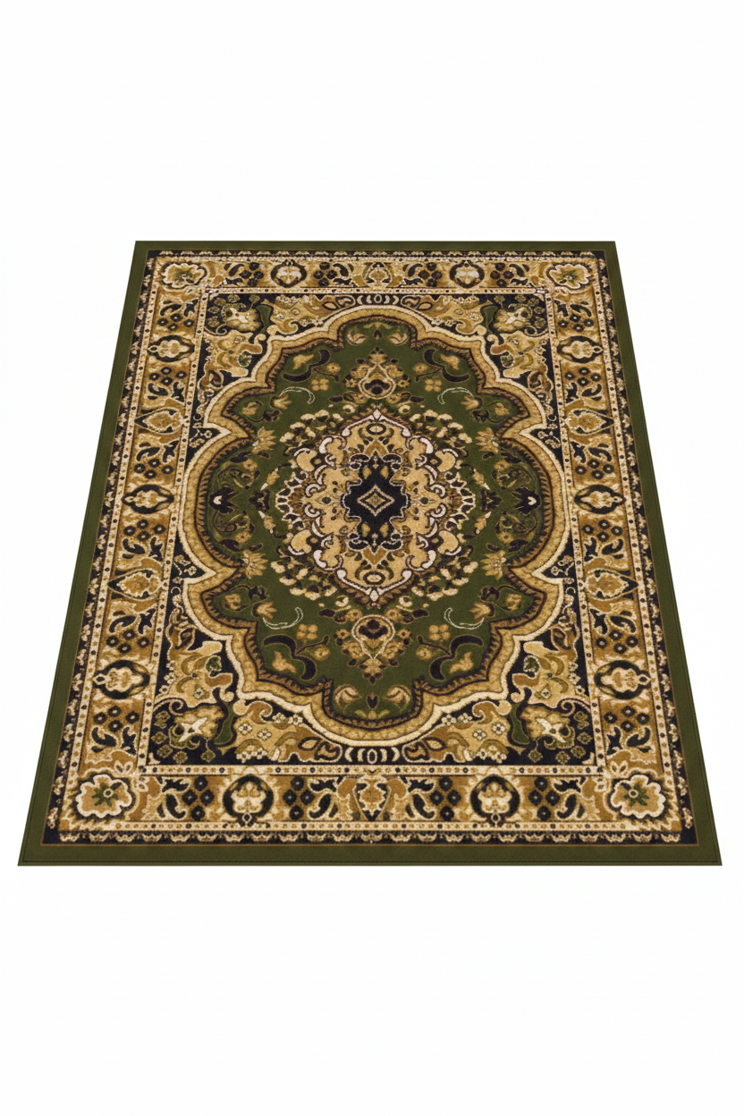 Alfombra persa verde dorado fondo blanco