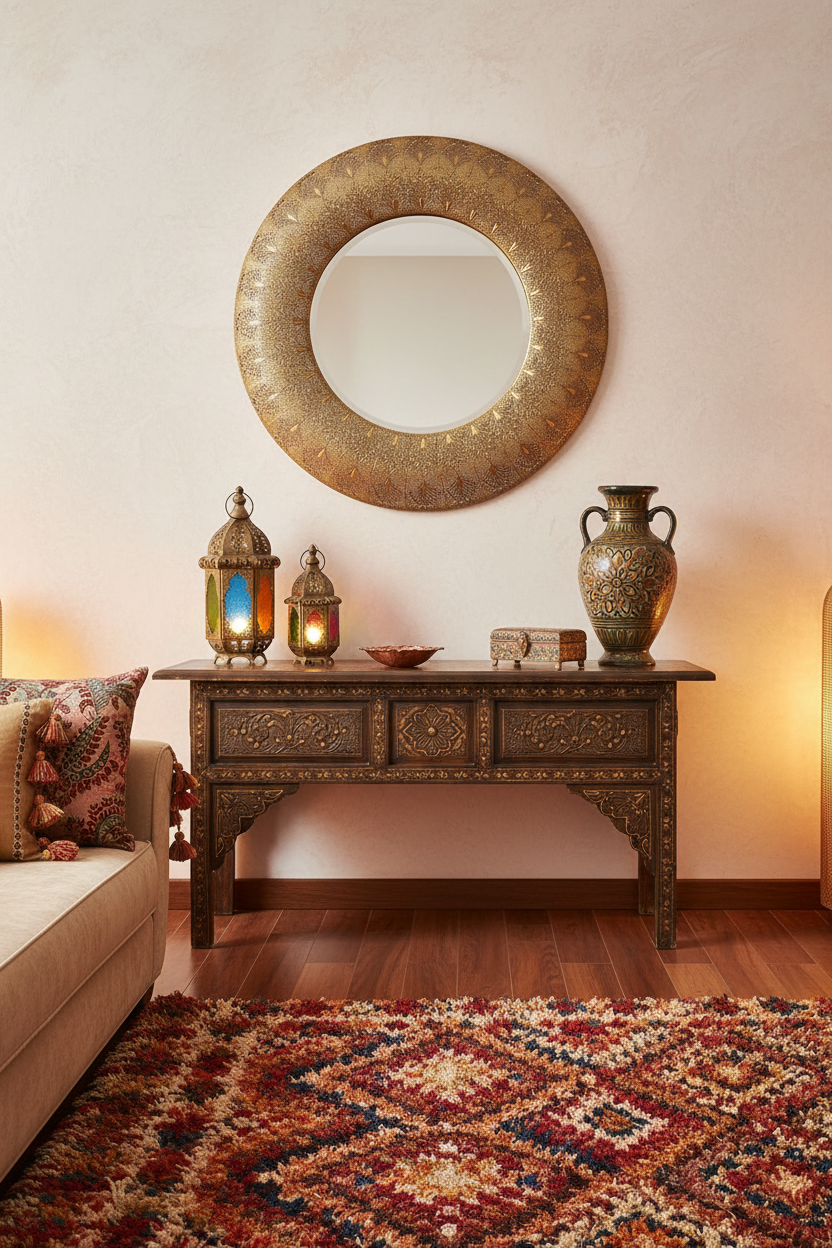 Espejo dorado filigrana en living estilo marroquí