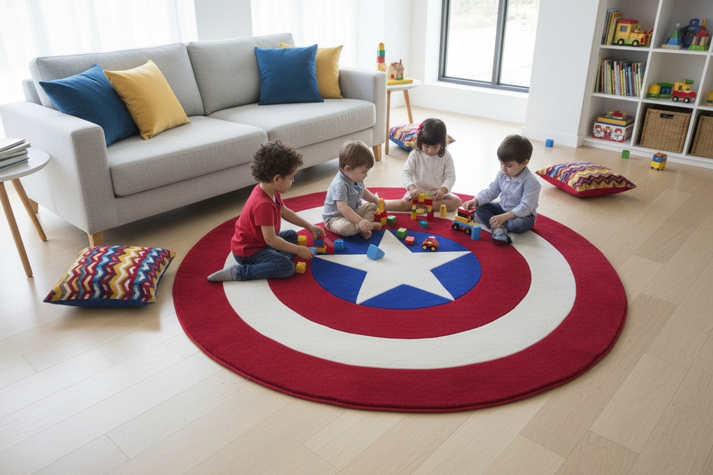 Alfombra escudo superhéroe - ambiente living sala de juegos