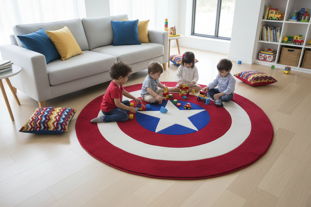 Alfombra escudo superhéroe - ambiente living sala de juegos