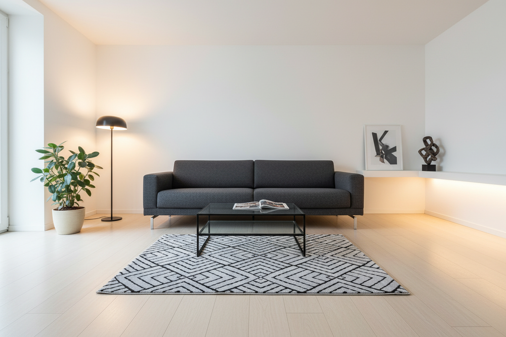 Alfombra geométrica en living moderno proporcional