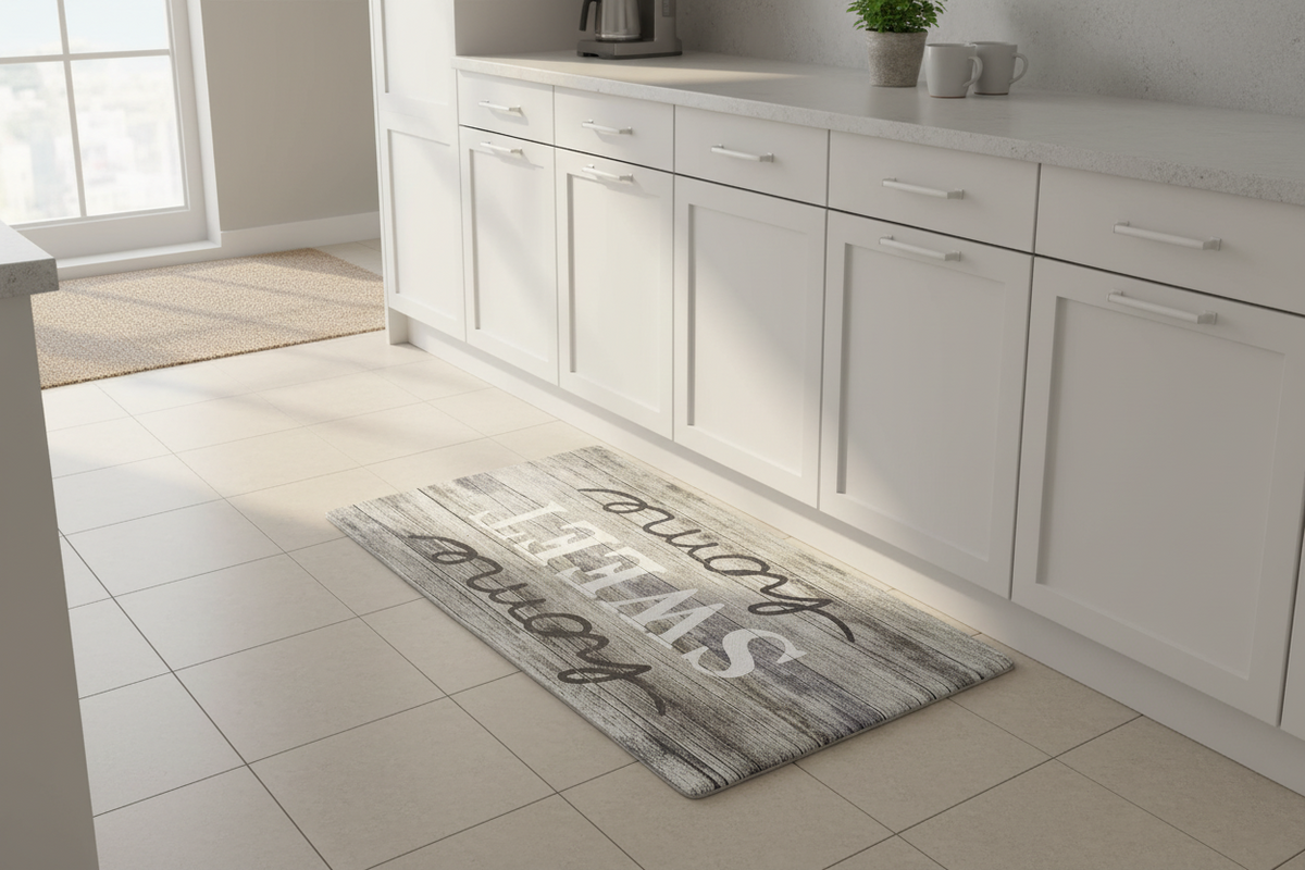 Tapete Antifatiga “Home Sweet Home” – Estilo Rústico Gris Memory Foam